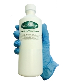 Use the powder free Nitrile Glove when cleaning the glass with the heavy duty cleaner