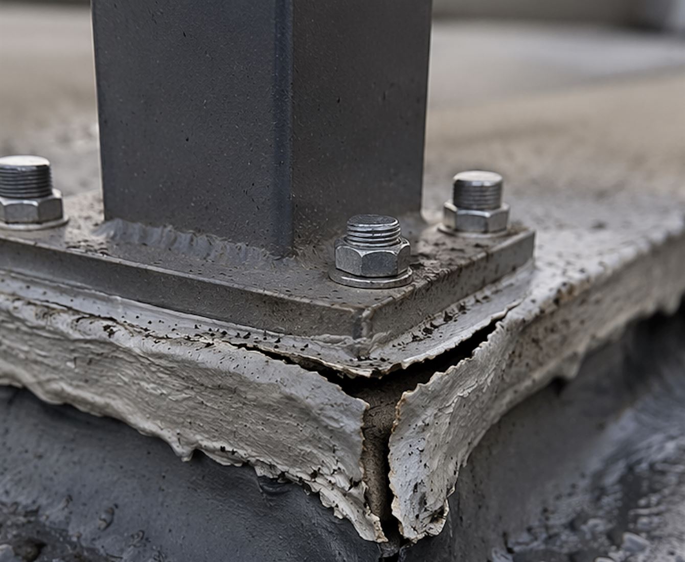 Weathered sealant around a roof membrane penetration showing cracking and deterioration at a balustrade fixing point