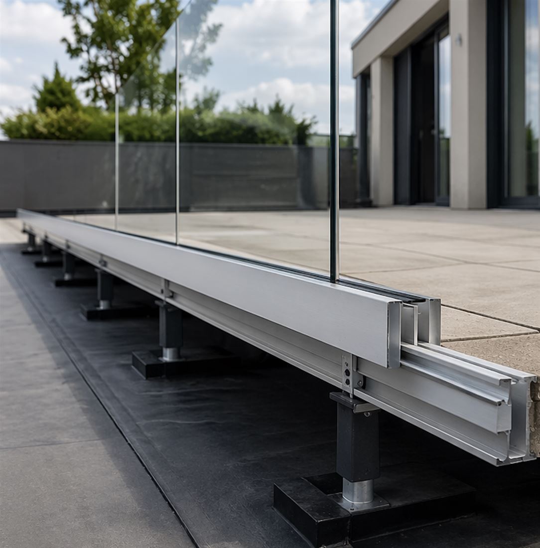 Raised roof terrace system showing a glass balustrade supported above the waterproof membrane by a non-penetrative structural support system.