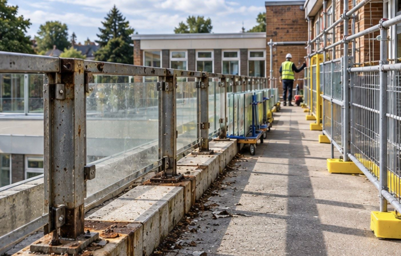 Corroded steel balustrade posts and anchors on a school walkway, with temporary edge protection in place during replacement