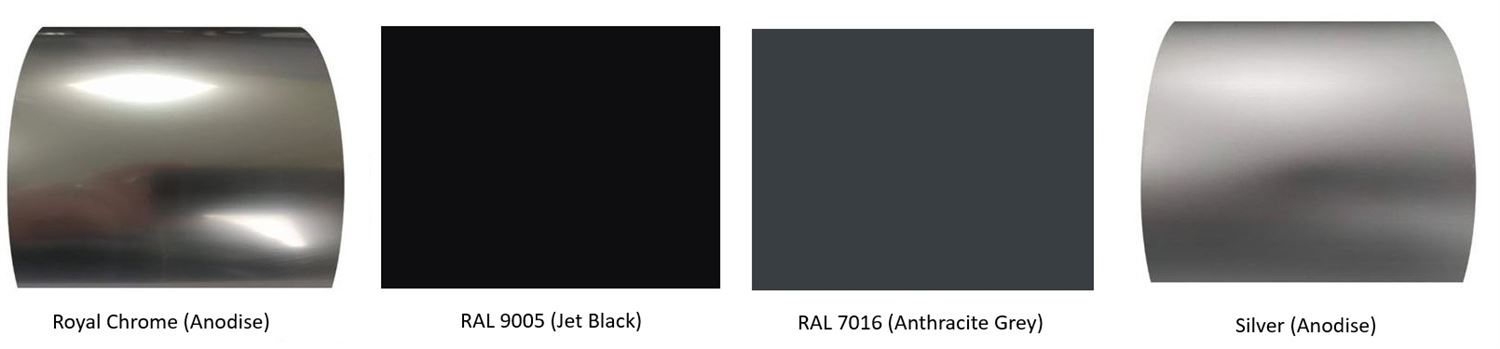 handrail colours - Royal Chrome, Silver, RAL 7016 (Anthracite Grey), and RAL 7016 (Jet Black)