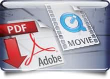 Downloads Icon - Two file types (Q Movie & Adobe PDF) on a grey background