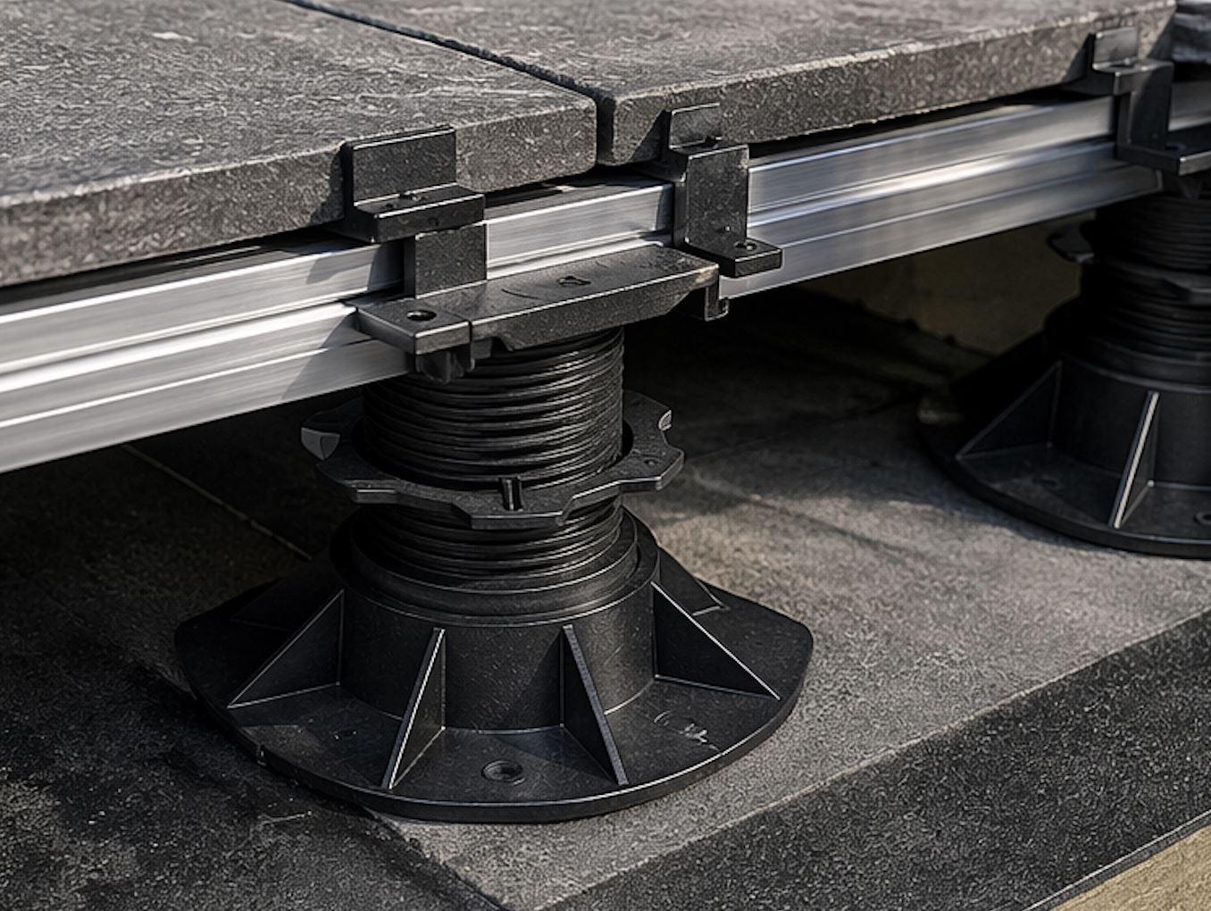 Engineered terrace substructure with pedestal supports distributing loads across a flat roof without penetrating the waterproof membrane