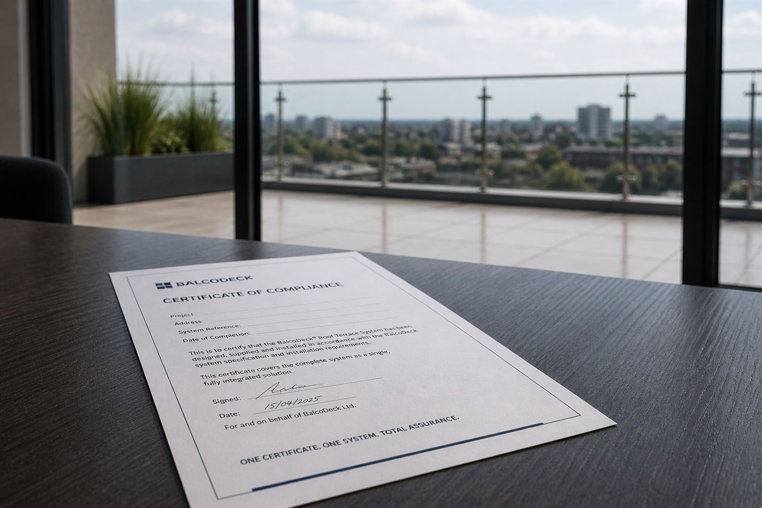 certificate of compliance with glass roof terrace in background