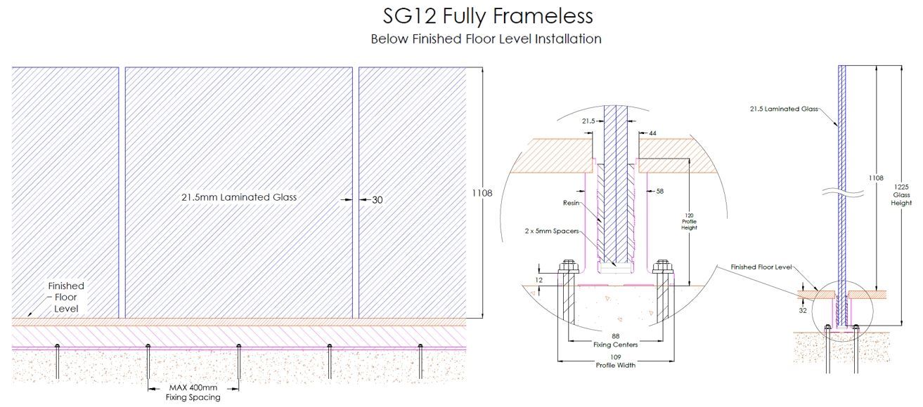 SG12 Fully Frameless Below Finished Floor Level Installation Drawing