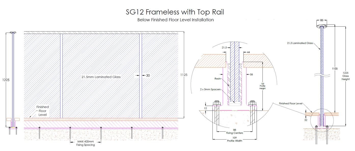 SG12 system with top rail - below floor level