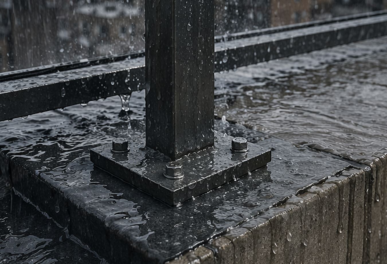 Balustrade post fixed through a roof membrane exposed to heavy rain, showing water pooling around penetrative fixing and sealant interface