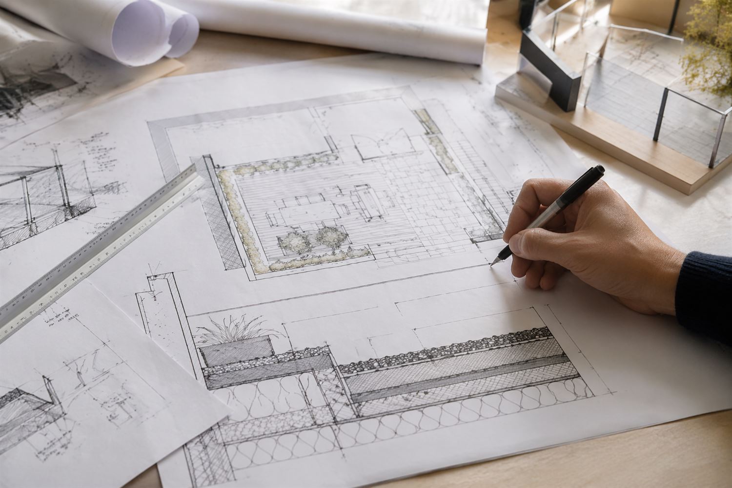 Architect reviewing detailed roof terrace design drawings showing structural layout and waterproofing considerations