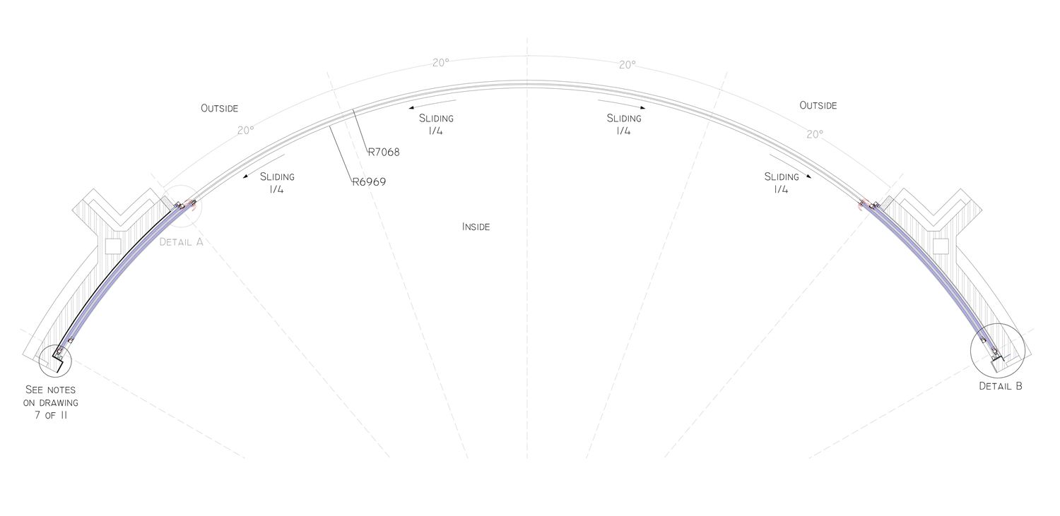 Technical drawing curved glass sliding doors