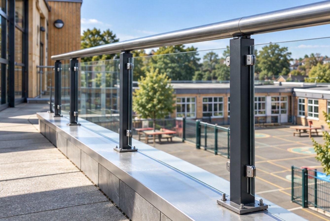 Glass balustrade with a continuous handrail on a primary school roof terrace overlooking the playground