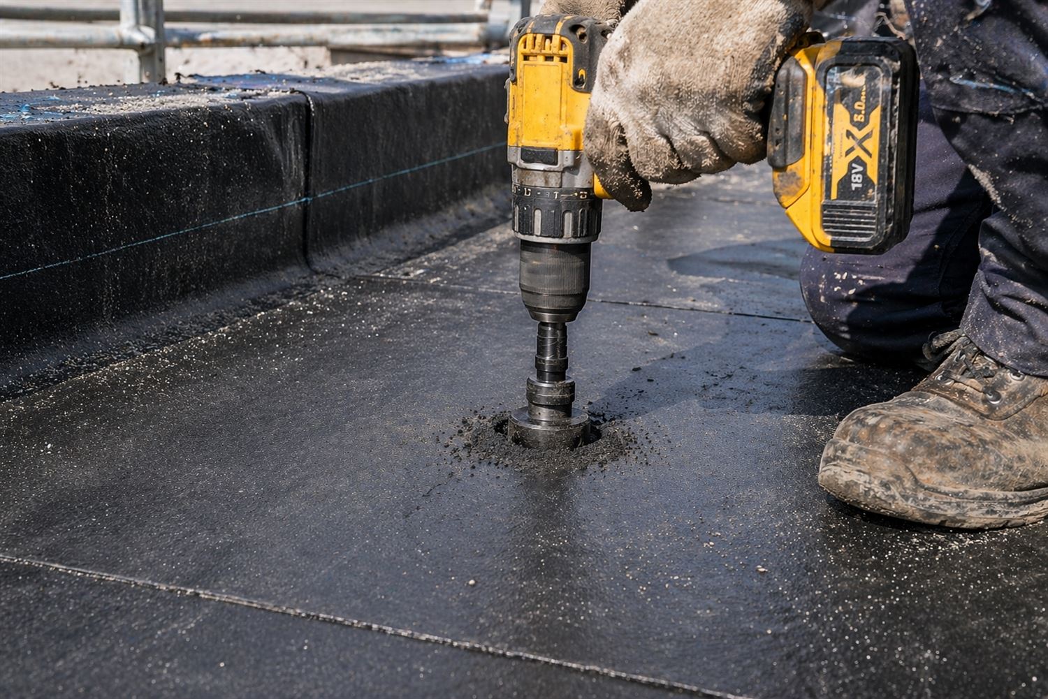 Close-up of a drill cutting through a flat roof waterproof membrane showing the formation of a penetration and exposed material layers