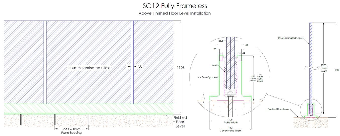 SG12 Fully Frameless Above Finished Floor Level Installation Drawing