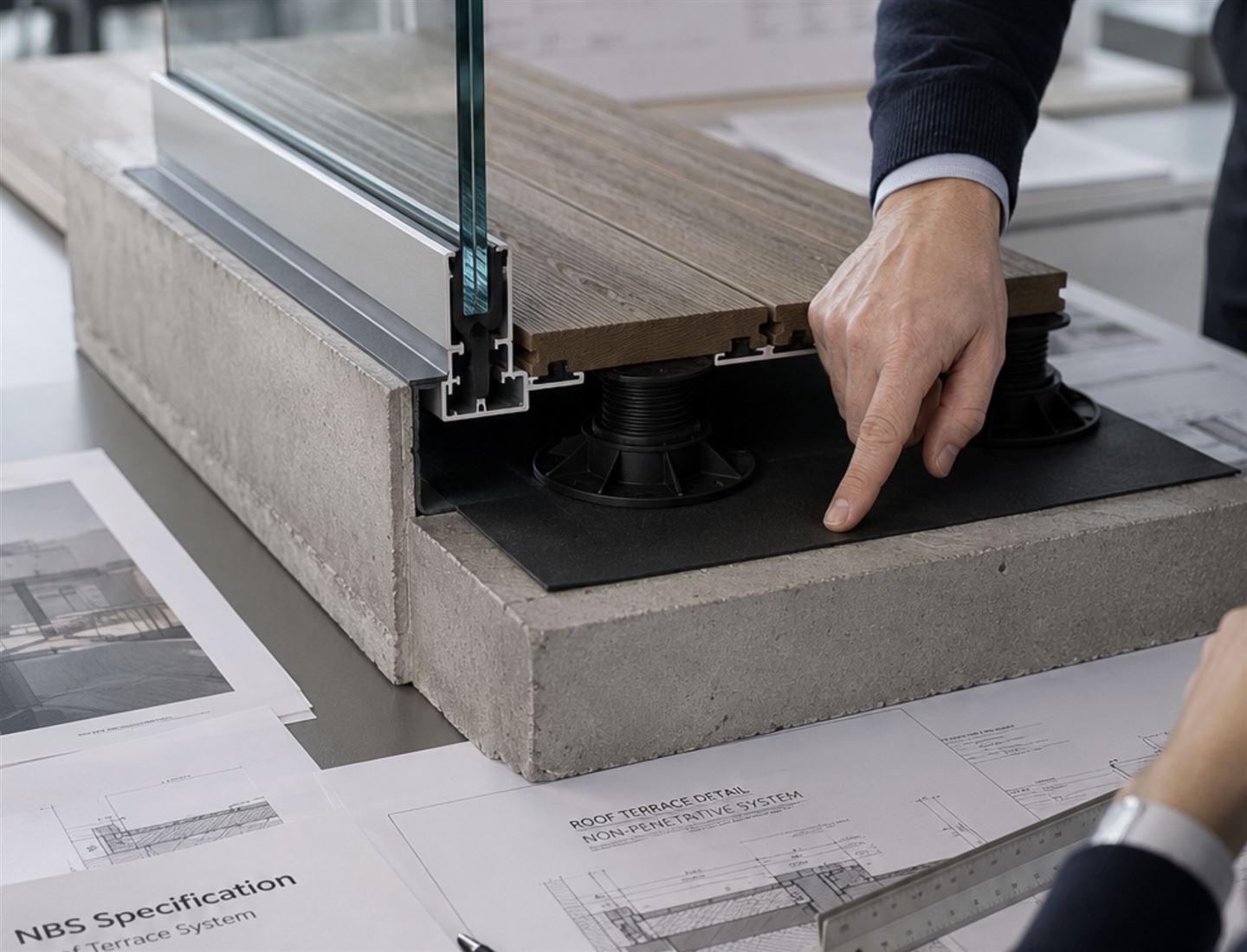 Architect pointing to the waterproof membrane on a roof terrace system mock-up showing the roof slab, waterproof membrane, adjustable pedestals, decking and glass balustrade.
