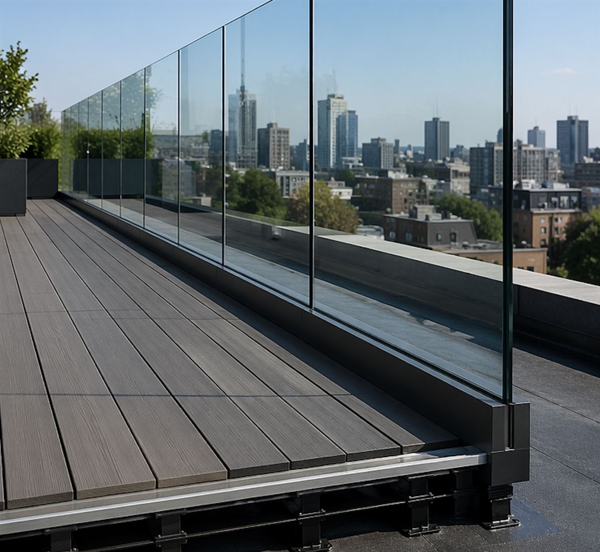 Glass balustrade on flat roof with aluminium substructure
